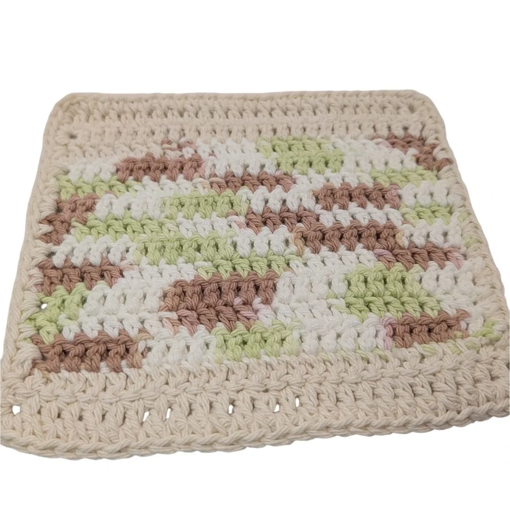 New Handmade Crocheted Potholders Hot Pads Cotton‎ Tan Blue Green Set of Three